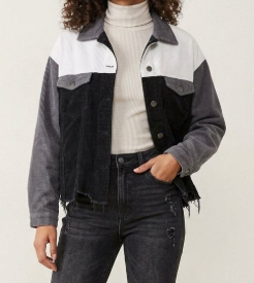 POL Black & Gray Corduroy Cropped Distressed Hem Jacket sz L